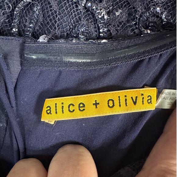 Alice + Olivia Mini Dress Blue Sequin Lace Strapless Peplum Pencil - Picture 2 of 10